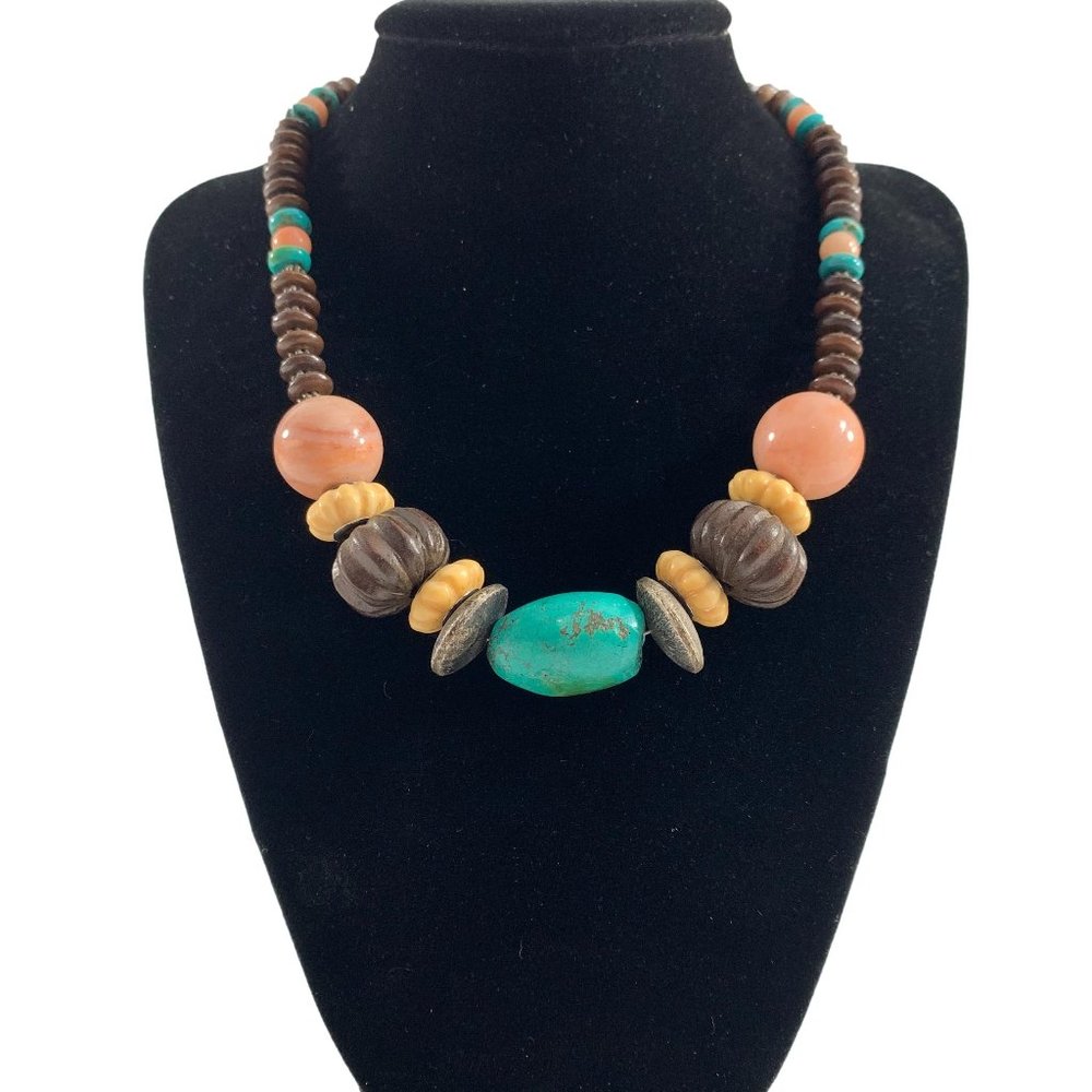 Faux Turquoise Beaded Necklace 17" Wood Silver Tone Toggle Clasp Southwestern